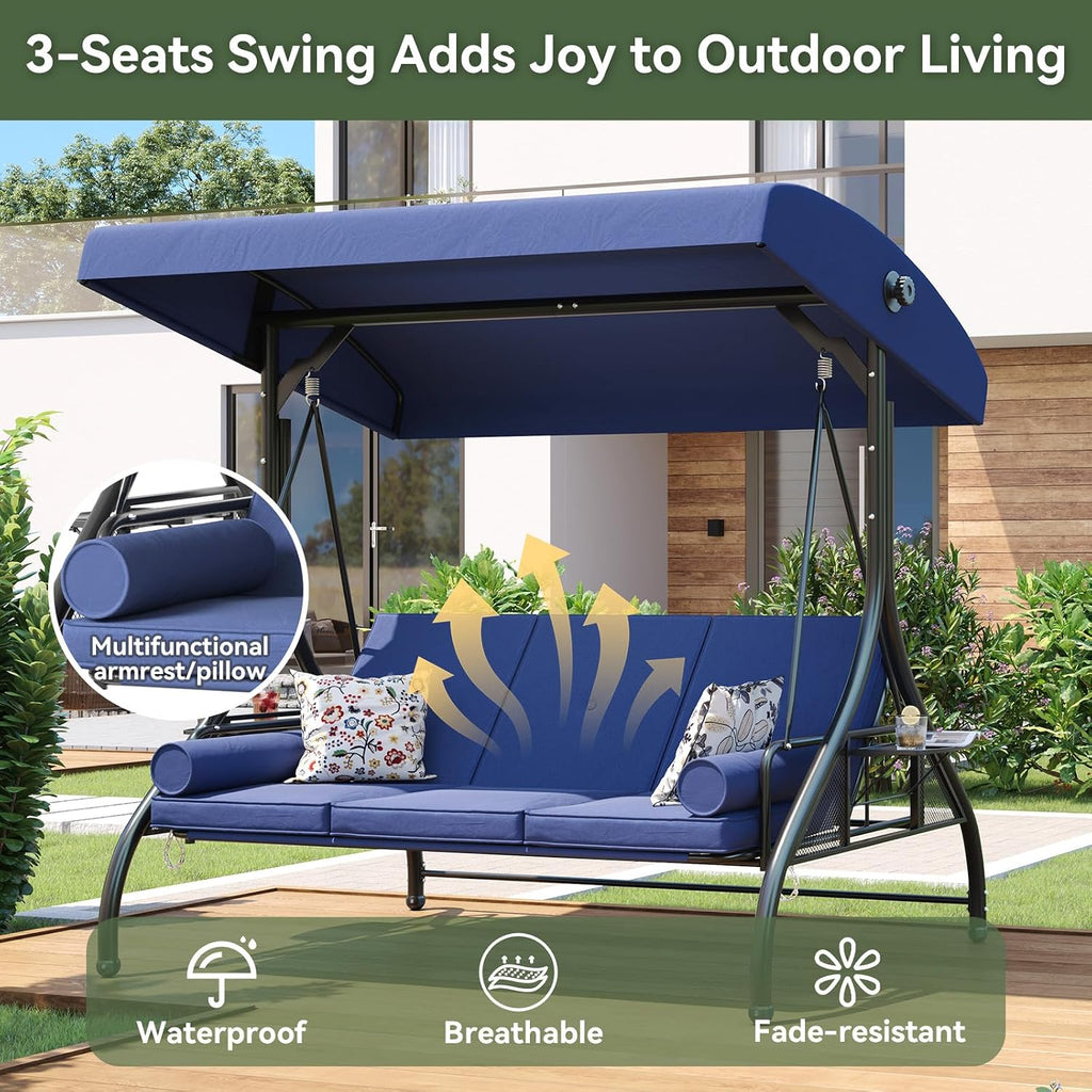 Outdoor Porch Swing with Stand and Canopy, 3 Seats Outdoor Swings for Adults, Convertible 2 in 1 Swing Bed with Cup