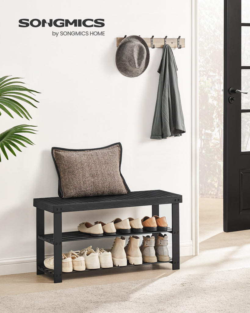 Shoe Rack Bench, 3-Tier Bamboo Entryway Bench, 35.2 Inches Width