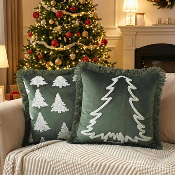 Velvet Christmas Pillow Covers 18x18 Inch Fringe Christmas Tree Embroidery Pillowcase Dutch Velvet Boho - Set of 2