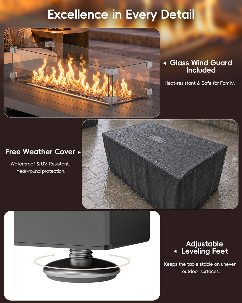 Outdoor Propane Fire Pit Table, 50000 BTU Rectangular Propane Fire Table with Glass Wind Guard, Sliding Tank Holder