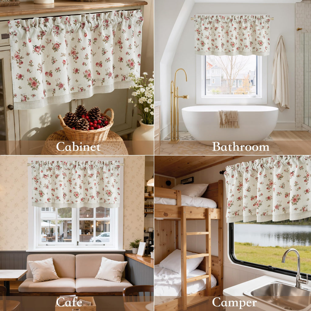Vintage Pink Rose Floral Valance for Windows, Double-Layer Linen Valance with Shabby Chic Floral Pattern, Decorative