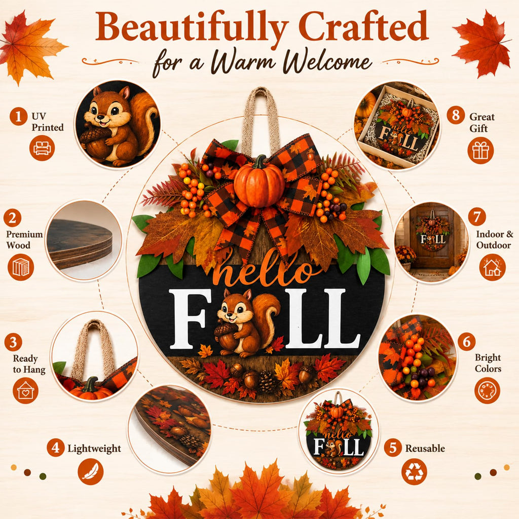 Fall Wreaths for Front Door Hello Fall Squirrel Door Hanger Thanksgiving Decor (Cute Hello Fall)