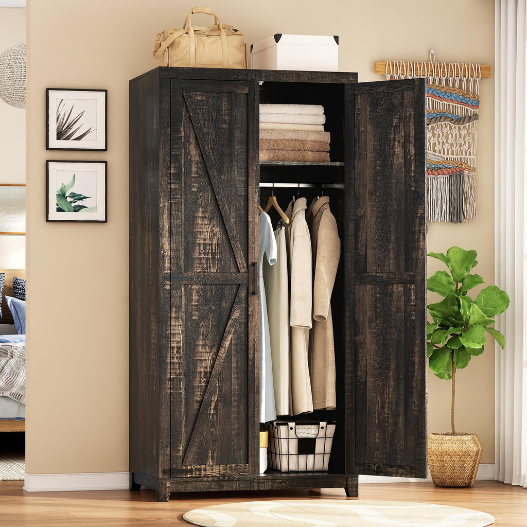 70" Farmhouse Wardrobe Closet Set of 2 with Hanging Rod & Barn Doors