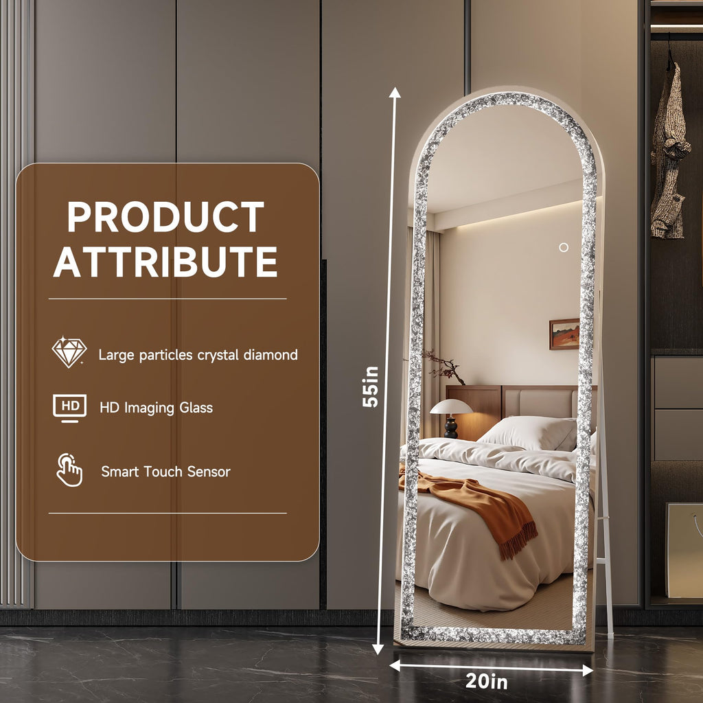 55"x20" Arched LED Full Length Mirror, Diamond Frame