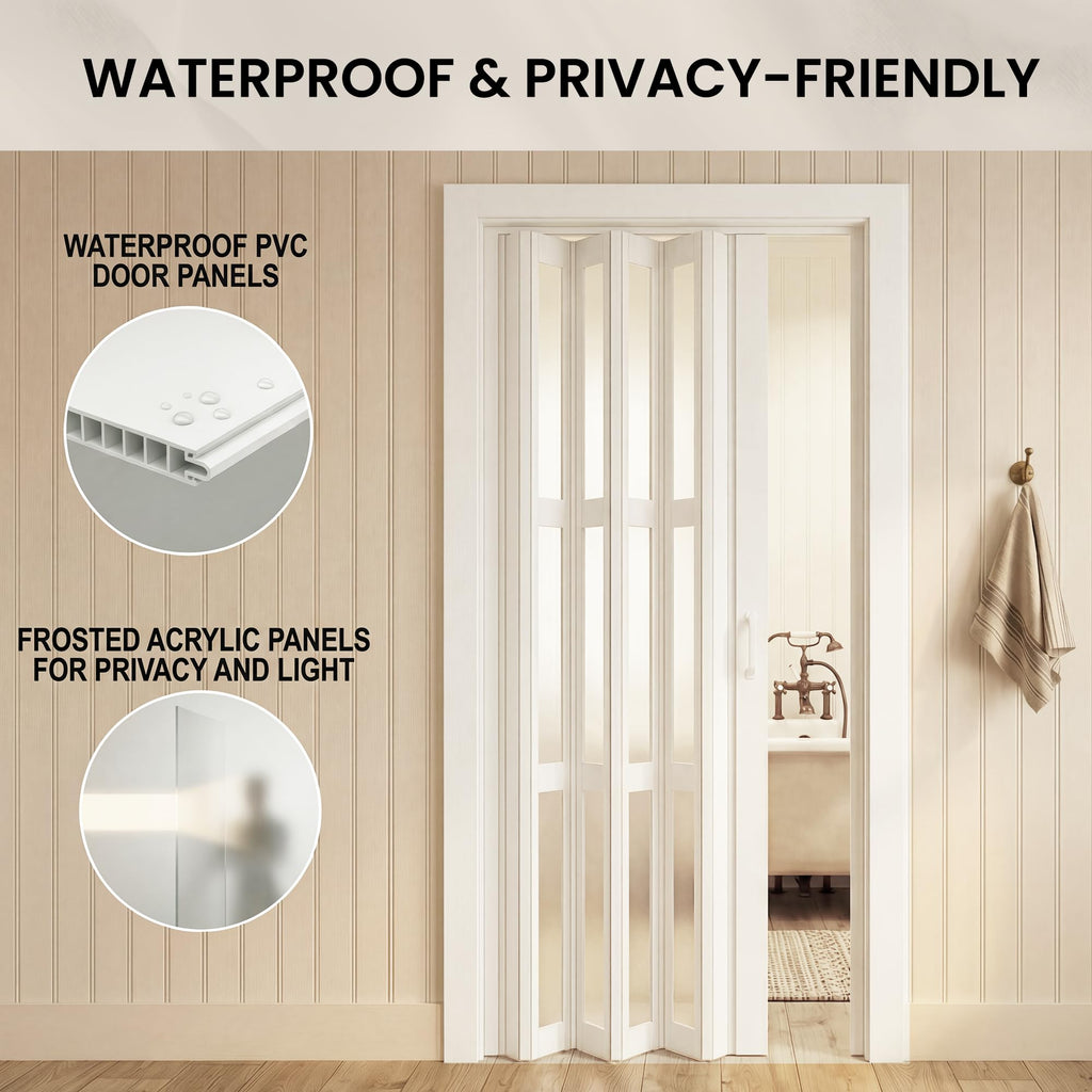 36" x 80" Accordion Doors with Frosted Acrylic Glass, White