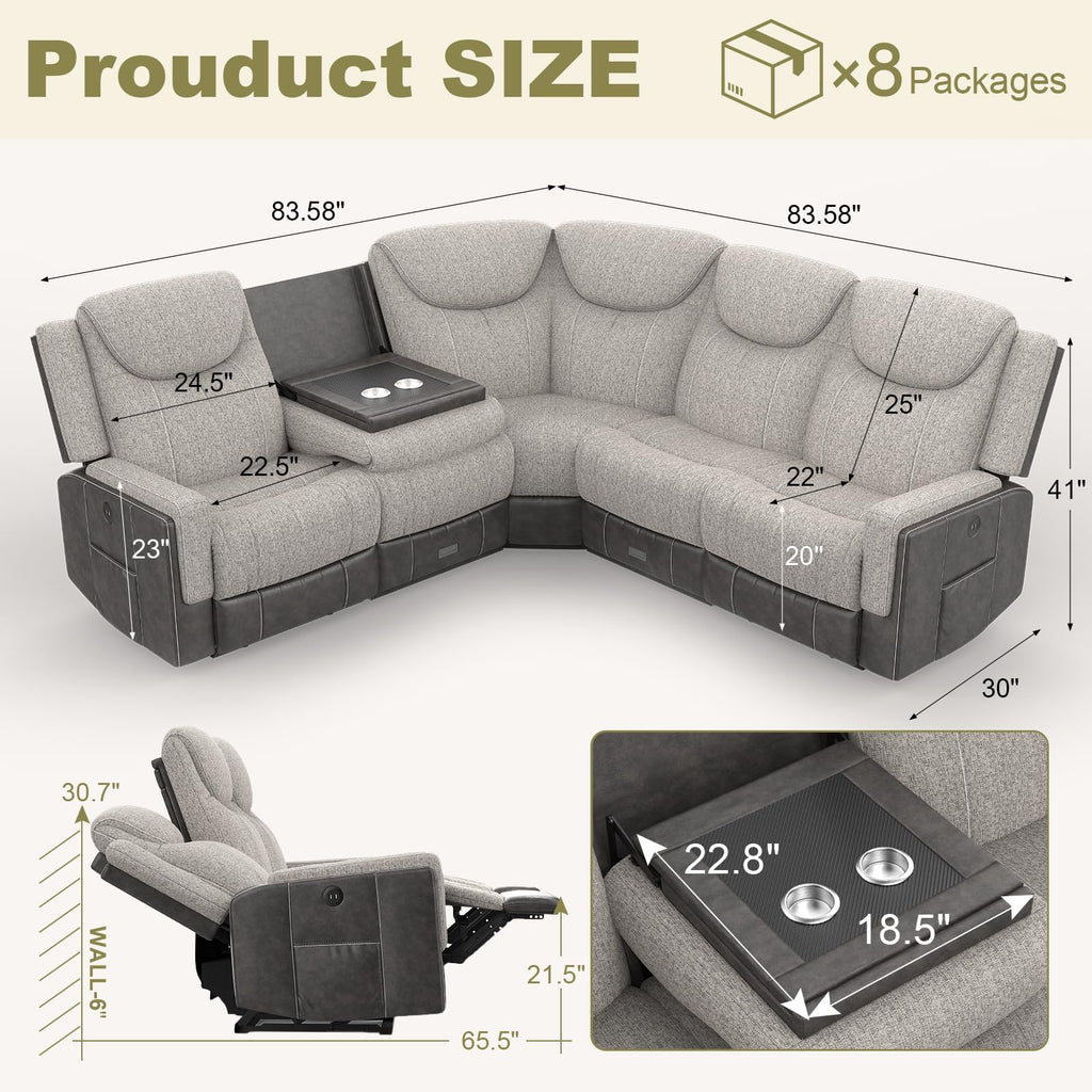 Manual Recliner Sectional Sofa, Corner Couch with Flip Middle Backrest, USB Ports & Cup Holders, Grey Linen &