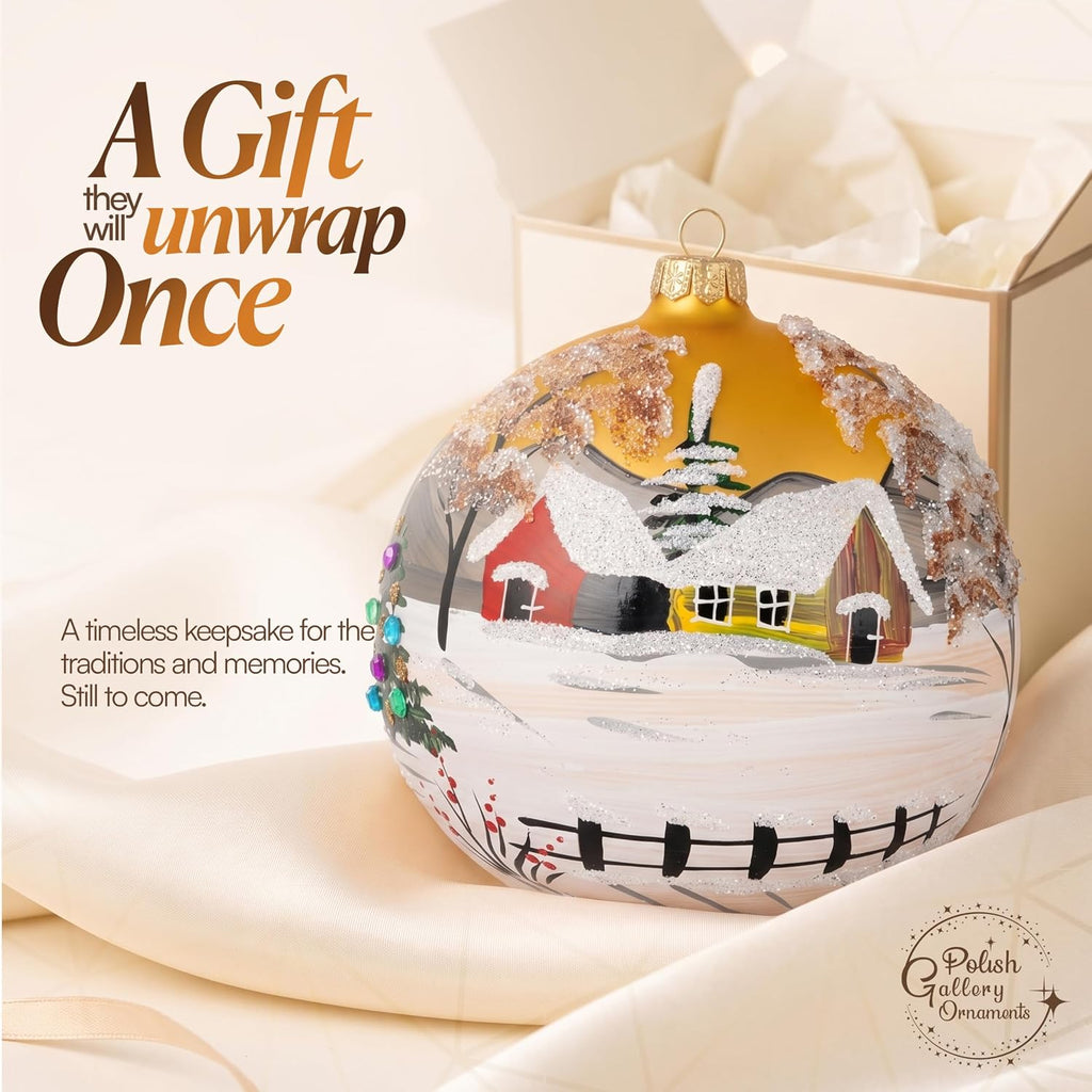Hand Blown Glass Ball Christmas Ornament, 5 in, Countryside Gold