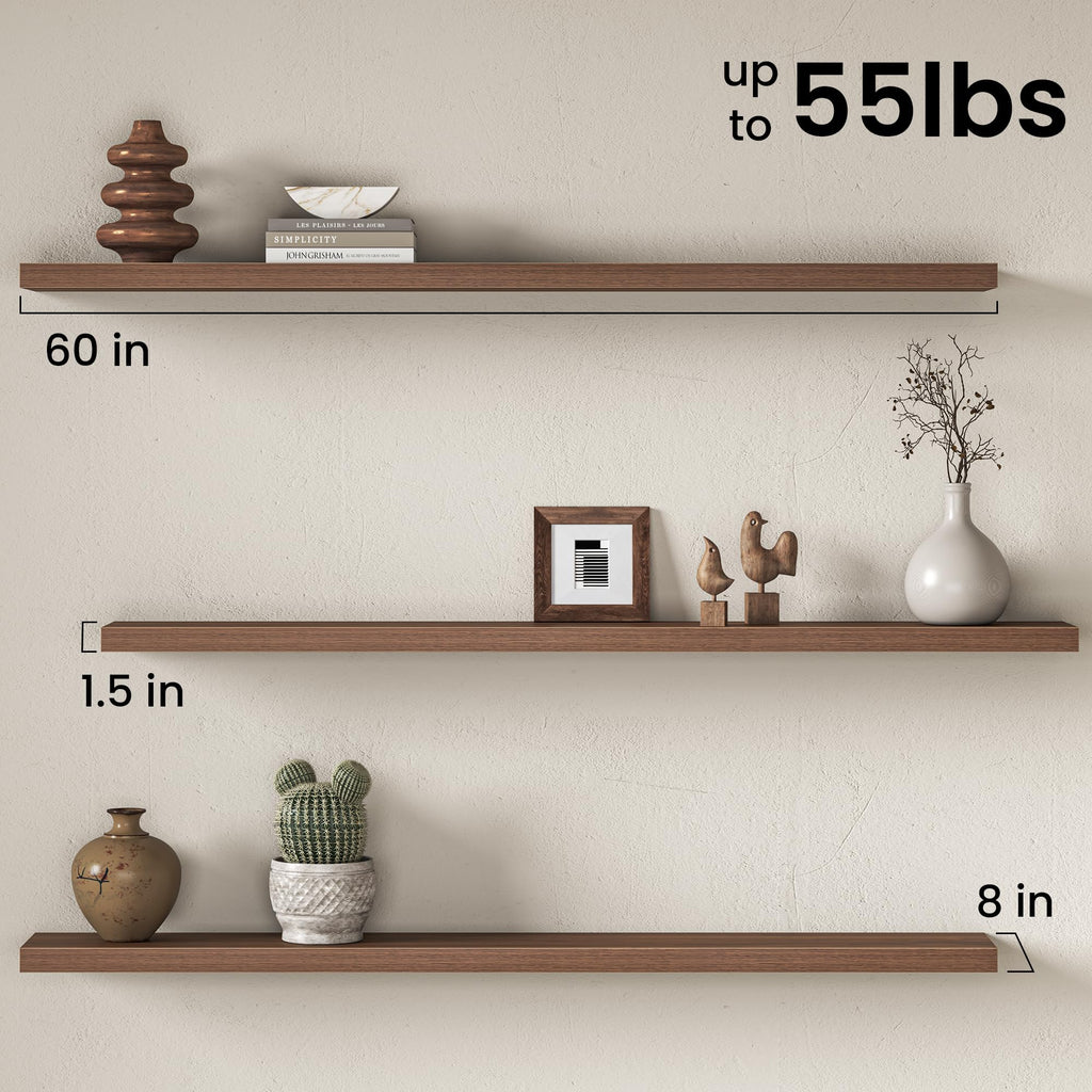 60Inch Long Floating Shelves, 8 Inch Deep Shelves |Living Room, Wall Mounted Wood Hanging Shelf with Invisible