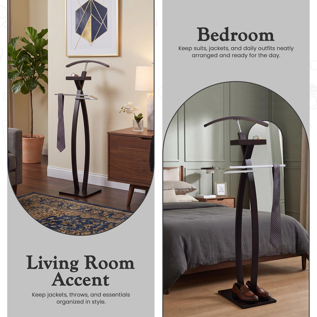 Curved Suit Rack Valet Stand, Clothes Rack, Clothing Organizer, Jacket Hanger, Chrome/Walnut