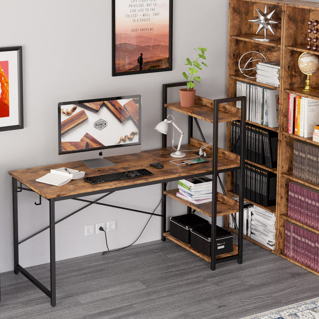Computer Desk 55" with Power Outlet and Storage Shelves, Rustic Brown
