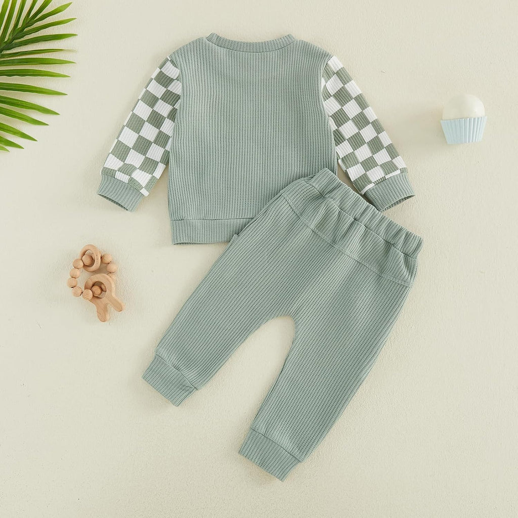 Toddler Baby Boy Fall Clothes Waffle Winter Outfits Letter Checkerboard Long Sleeve Sweatshirt and Pants 2 Pcs Sets