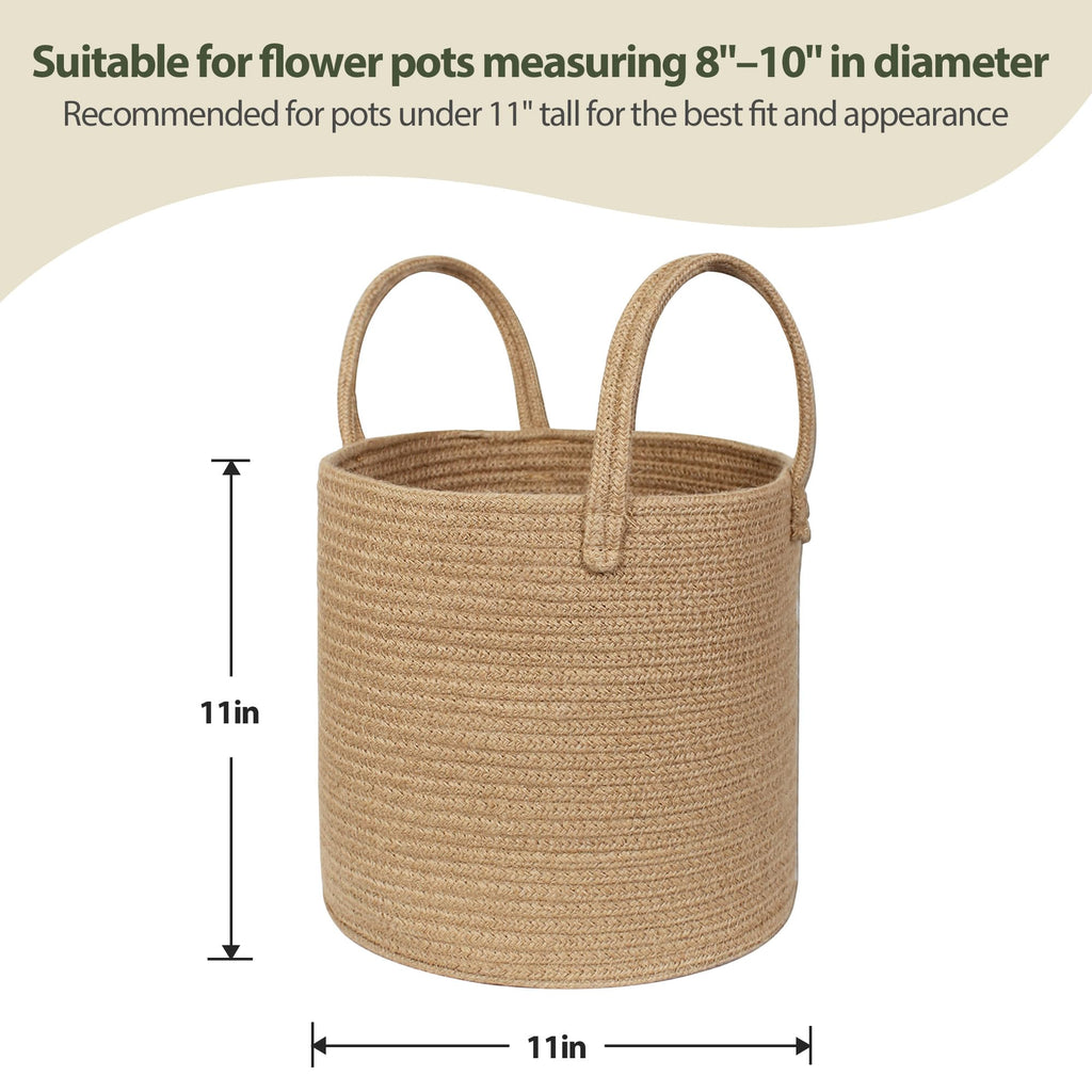 Round Wicker Basket with Handle, 11"x11" Woven Jute Plant Basket for 10" Pot, Indoor Boho Tree Planter, Decorative