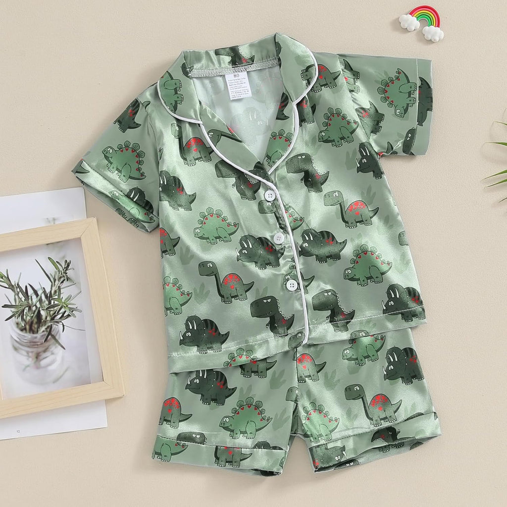 Kids Summer Satin Pajamas Sets Toddler Boys Dinosaur Pjs Short Sleeve Silk Nightwear Two Piece Sleepwear Loungewear
