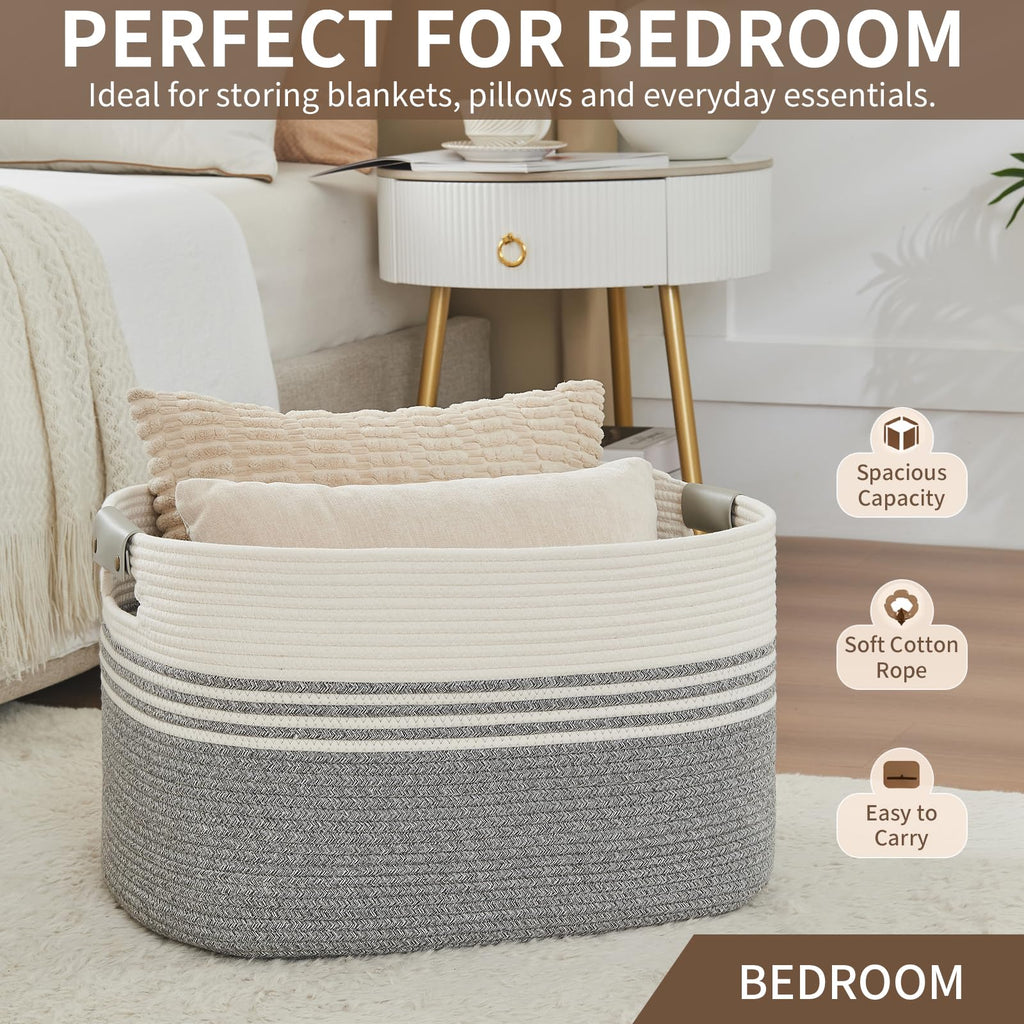 Hamper with Handles, 72L Rope Laundry Basket, Grey & White