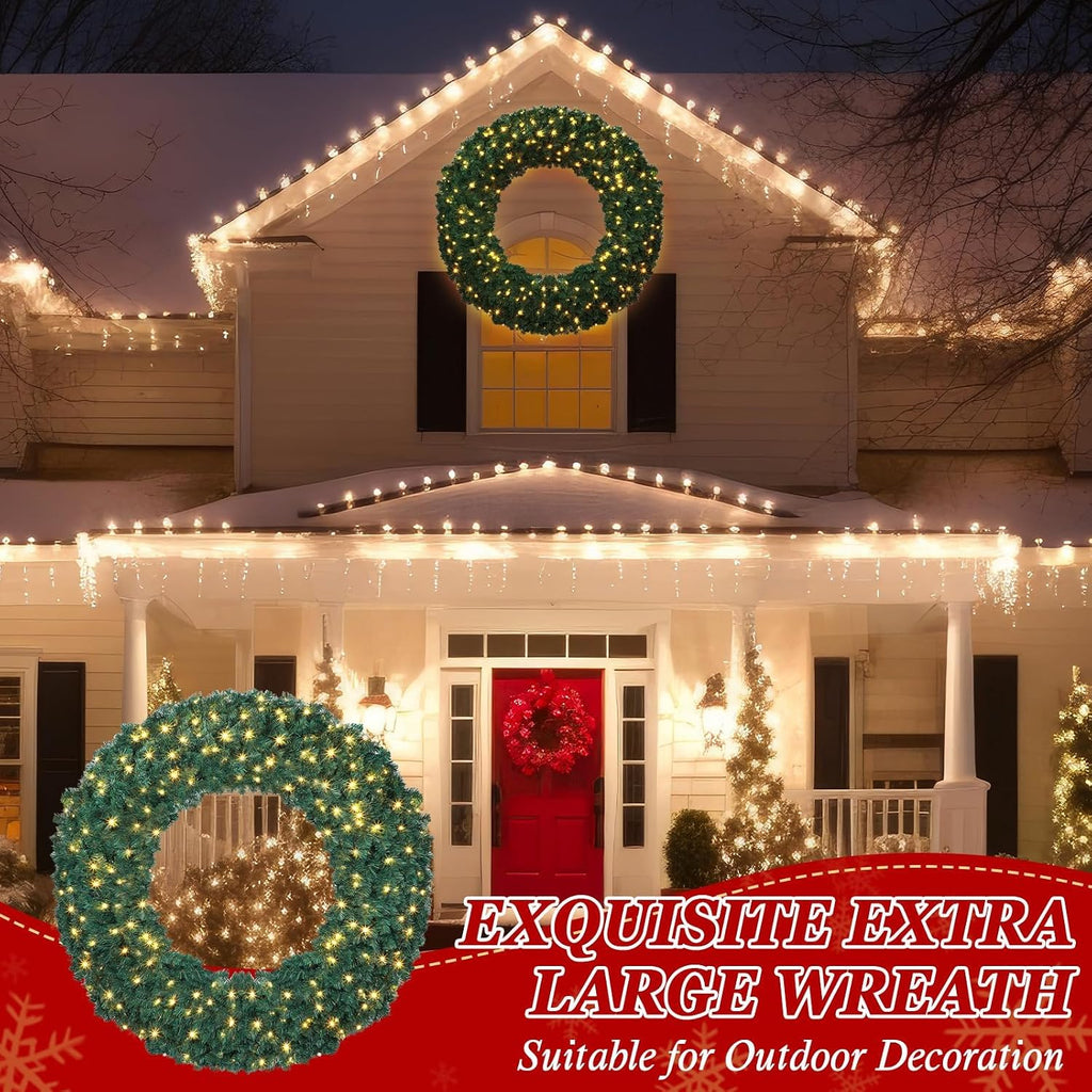 60 Inch Large Prelit Christmas Wreath with 300 Warm White String Lights 8 Lighting Modes Artificial Outdoor Indoor
