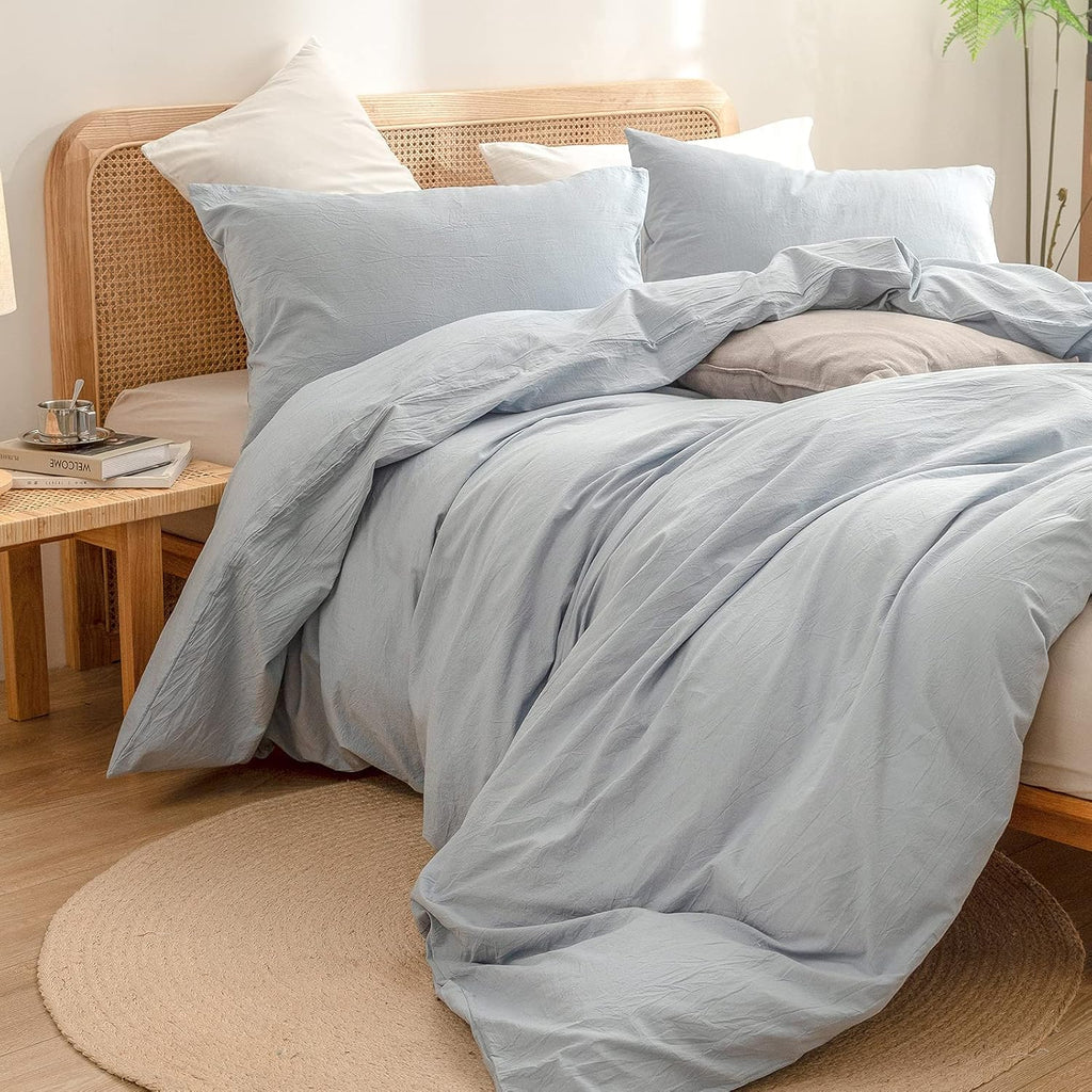 Cotton Solid Duvet Cover Set Linen Feel Cornflower Blue King | Washed Cotton, Linen Feel, Soft Wrinkle Texture
