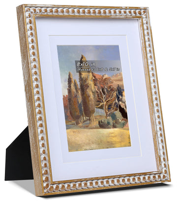 8x10 Rustic Picture Frame with Mat for 5x7/6x8, Farmhouse Boho Deco Distressed Beaded Wooden Real Glass, Vertical or