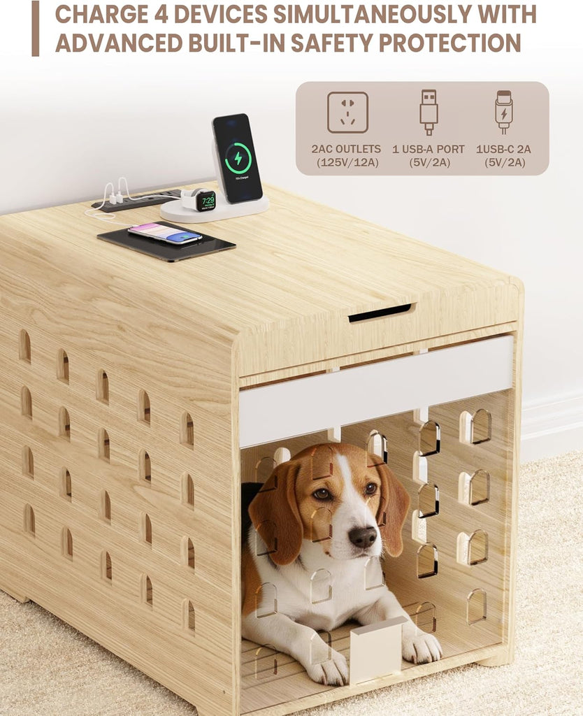 Modern Dog Crate Furniture with Charging Station - Wooden End Table Dog Crate with Flip-Up Acrylic Door, Indoor