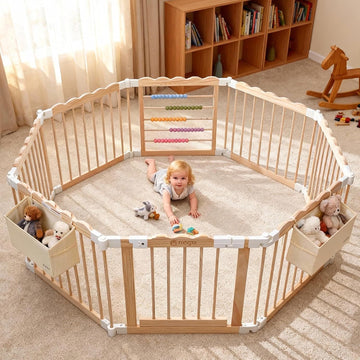 Foldable Wooden Baby Playpen, Adjustable Play Yard, 57x57x25in | Adjustable Shape & Size with 2-Pack Storage Bags