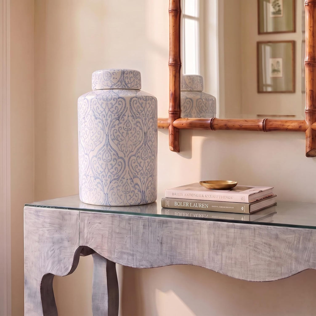 Tall Decorative Ceramic Ginger Jar with Lid, Blue and White Floral Pattern