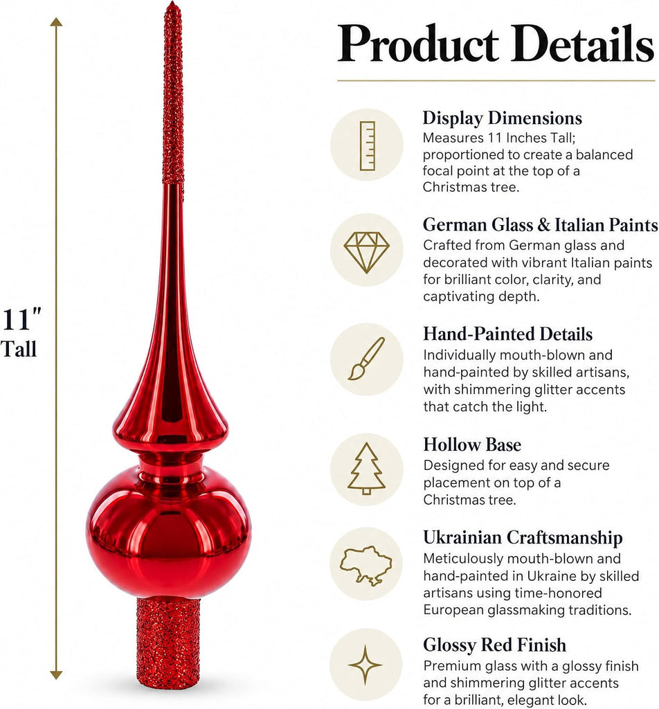 Glossy Red with Sparkling Top Glass Christmas Tree Topper 11 Inches