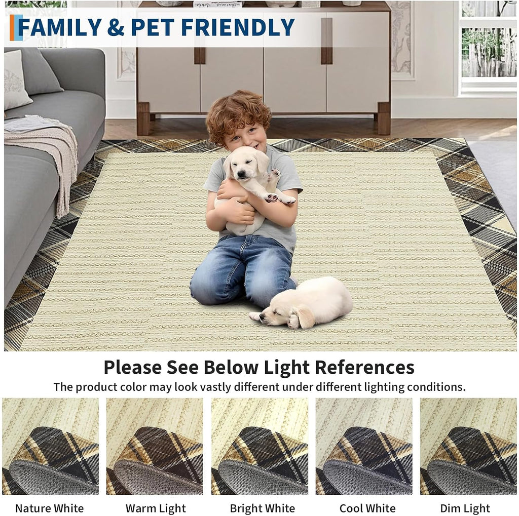 Extra-Large Machine Washable Area Rugs 10x13 Modern Plaid Bordered Living Room Rug with Anti-Skid Rubber Backing