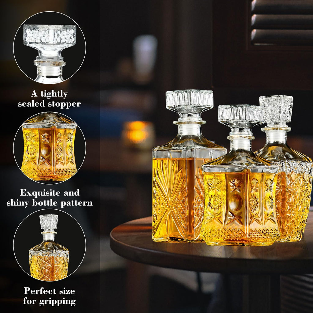 Whiskey Decanter, Premium Crystal Spirits Decanter for Scotch, Bourbon, Vodka & Whisky, Ideal Barware & Gift - Set of 3