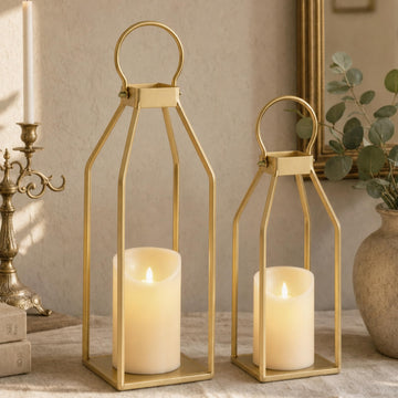 Modern Farmhouse Lantern Decor, 15'' 12.6'' Set of 2 Gold Metal Lanterns, 2 LED 6hr Timer Flameless Candles & Remote