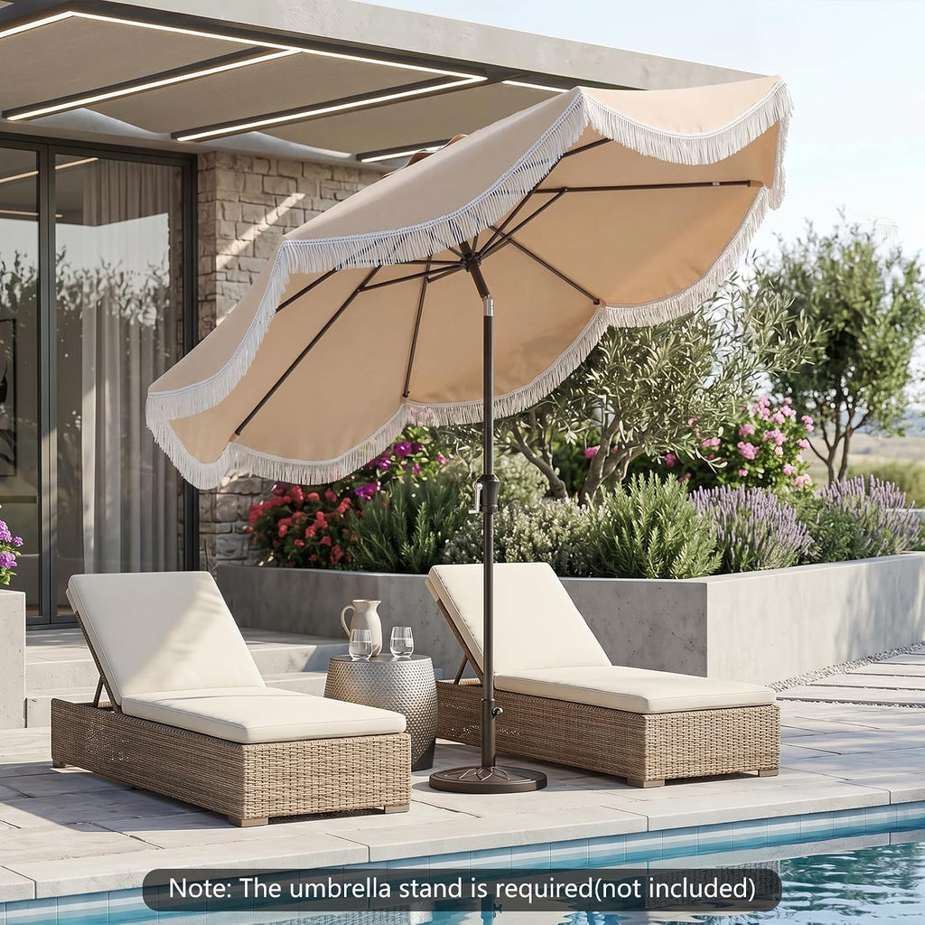 Patio Umbrella with Fringe, Boho Scalloped Canopy & Crank Lift - Beige 9 FT