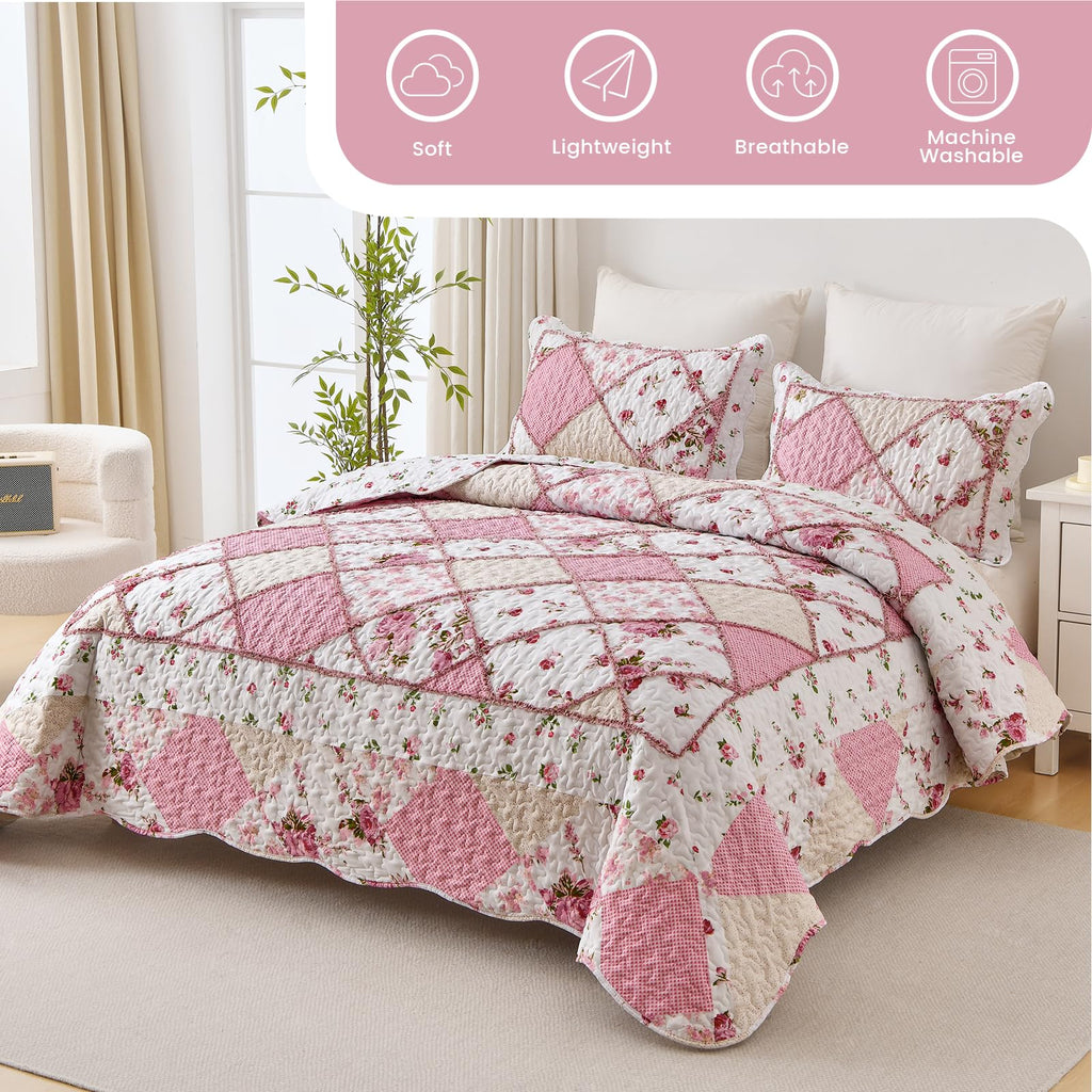 Pink Quilt Bedding Set, Floral Patchwork Reversible Quilts