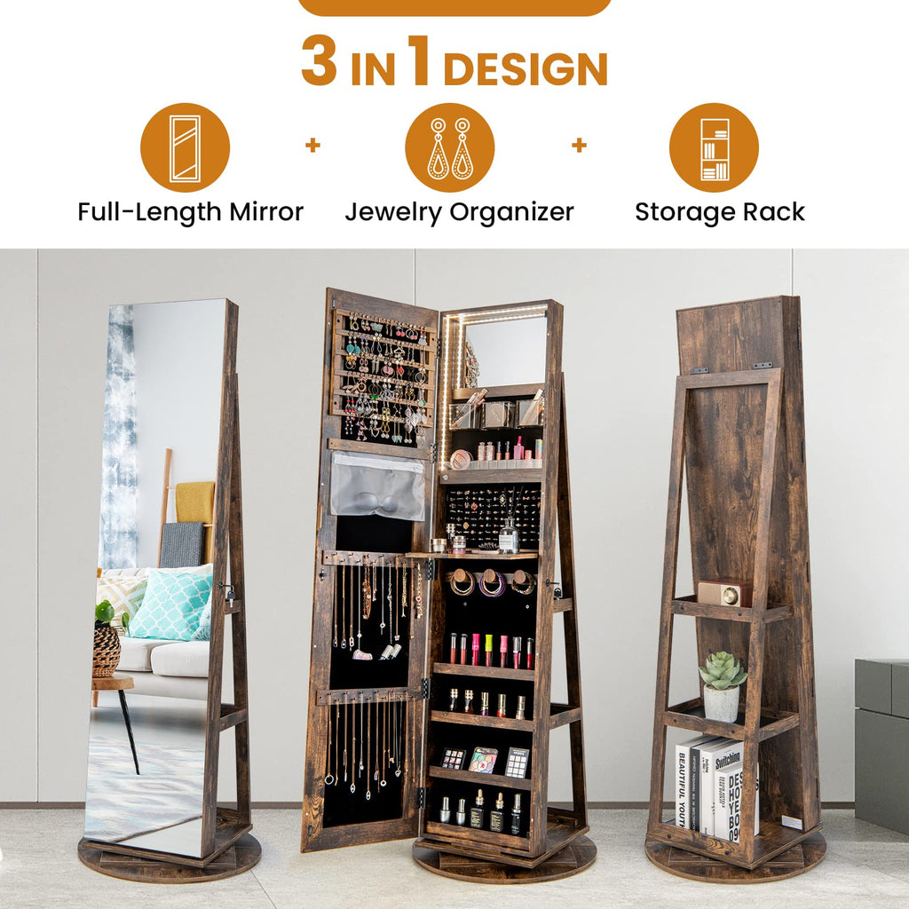 360° Swivel Jewelry Cabinet, Lockable Jewelry Organizer (Rustic Brown)