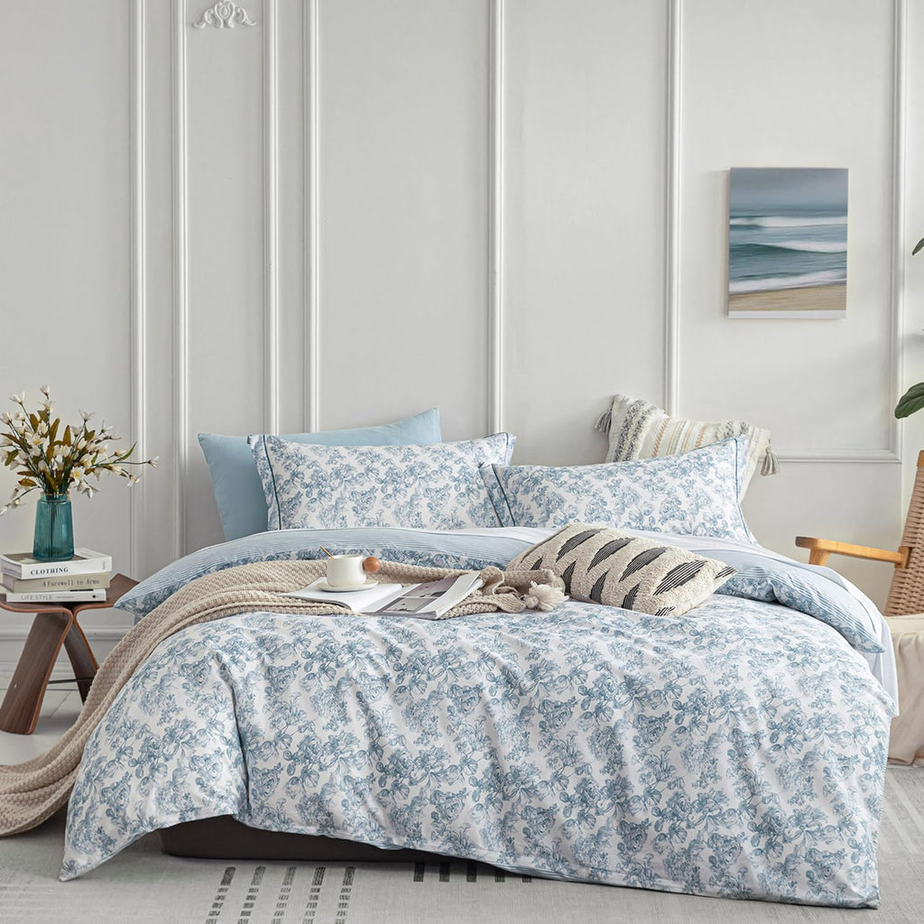 Vintage 100% Cotton Duvet Cover Queen 3PC - Elegant Pale Slate Blue Floral Pattern on White with Light Blue & White