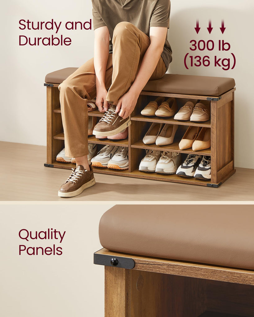 Shoe Storage Bench with Removable Cushion, Adjustable Shelves
