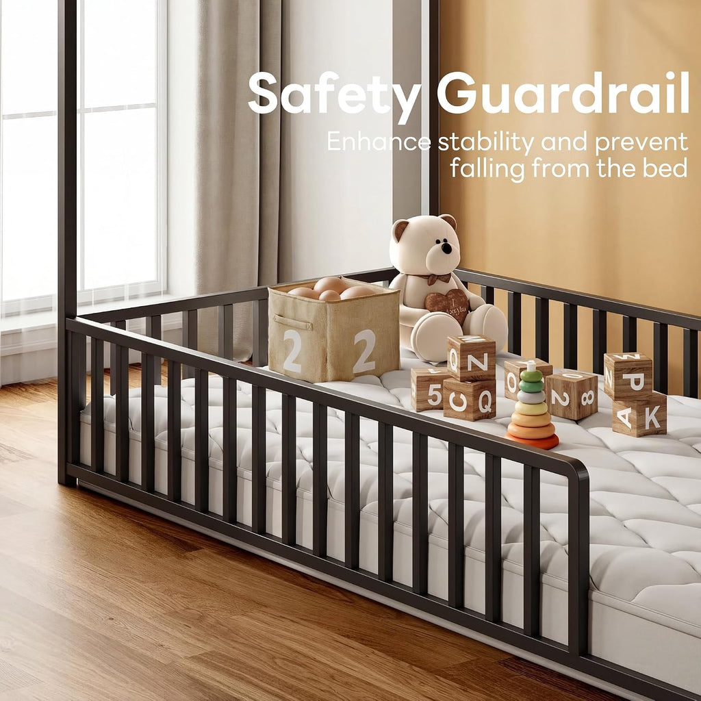 Floor Bed with Roof and Fence Guardrails, Black