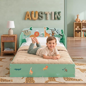 Safari Wood Floor Toddler Bed with Reusable Stickers, Green