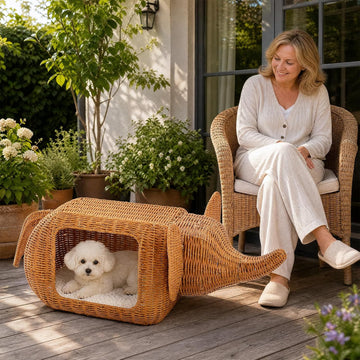 Elephant Shaped Rattan Cat Bed, Breathable Hand-Woven Wicker Cat Cave