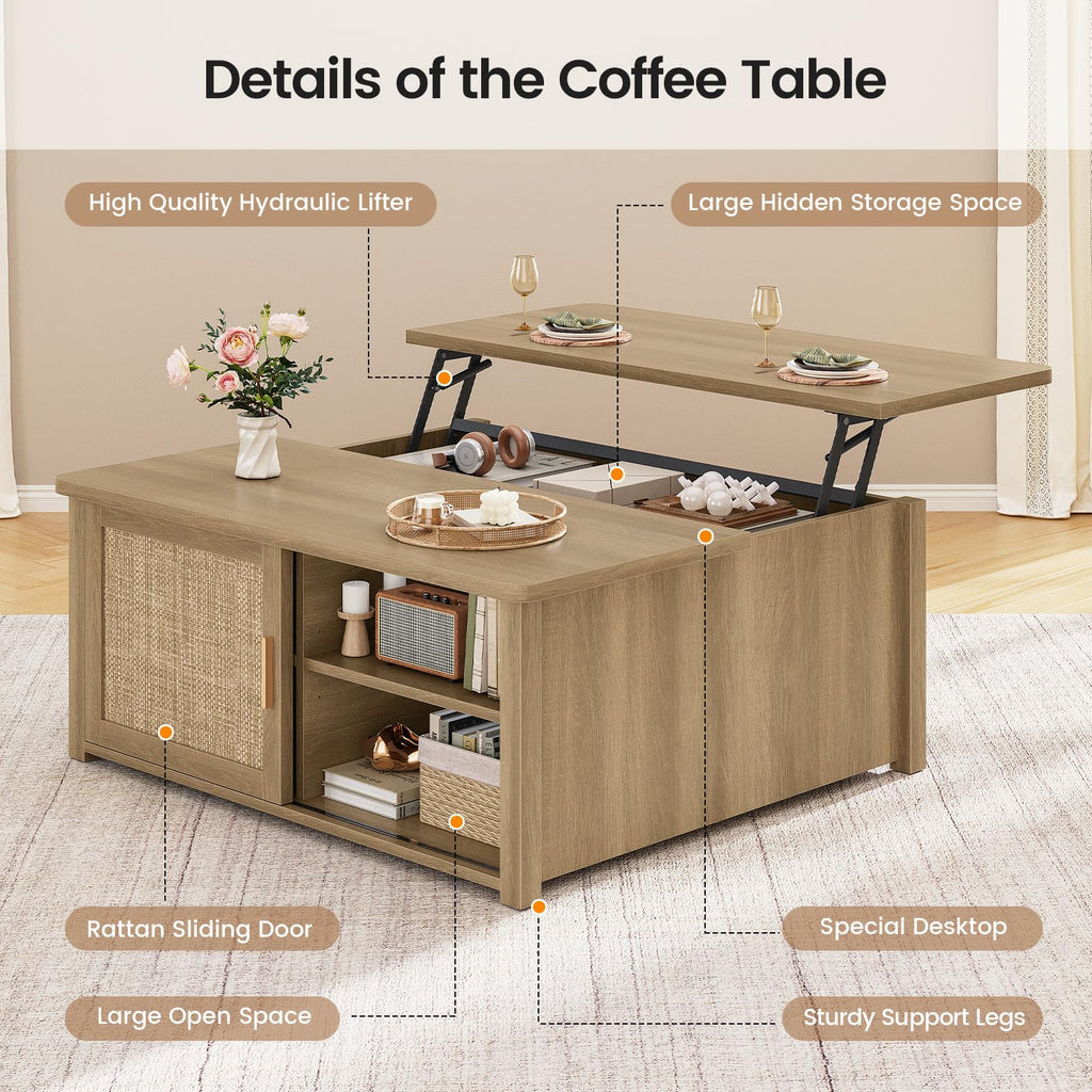 31.5" Lift Top Coffee Table with Storage, Square Coffee Tables, Farmhouse Coffee Table with Large Hidden Storage