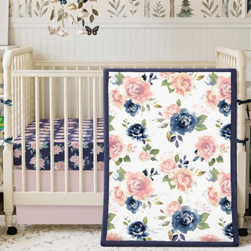 3 Pcs Navy and Pink Floral Crib Bedding Set for Girl