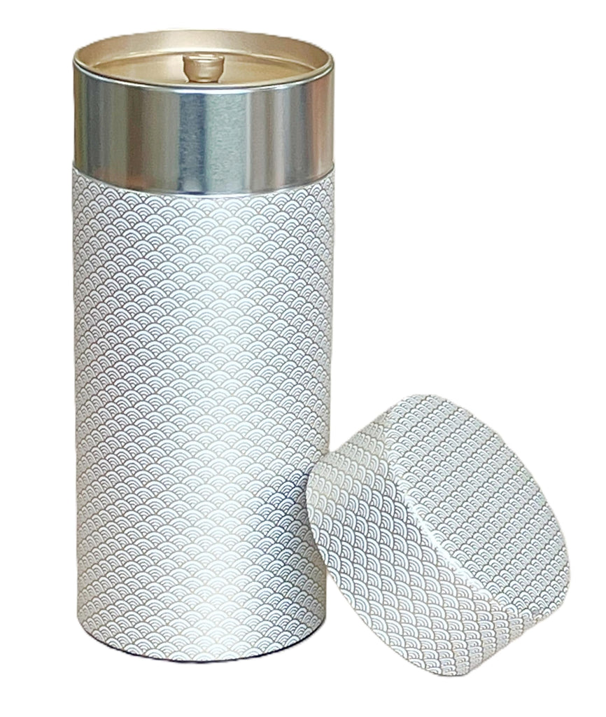 Washi Paper Tea Tin Canister: Long 26.8oz (760g) White Waves with Gold Outlines (#1), Japan