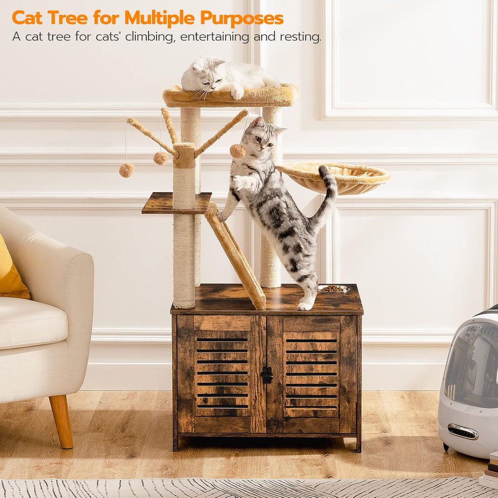 Cat Tree with Litter Box Enclosure, 44" Tall Wooden Cat Tower with Scratching Posts, Cat Hammock, Hidden Litter Box