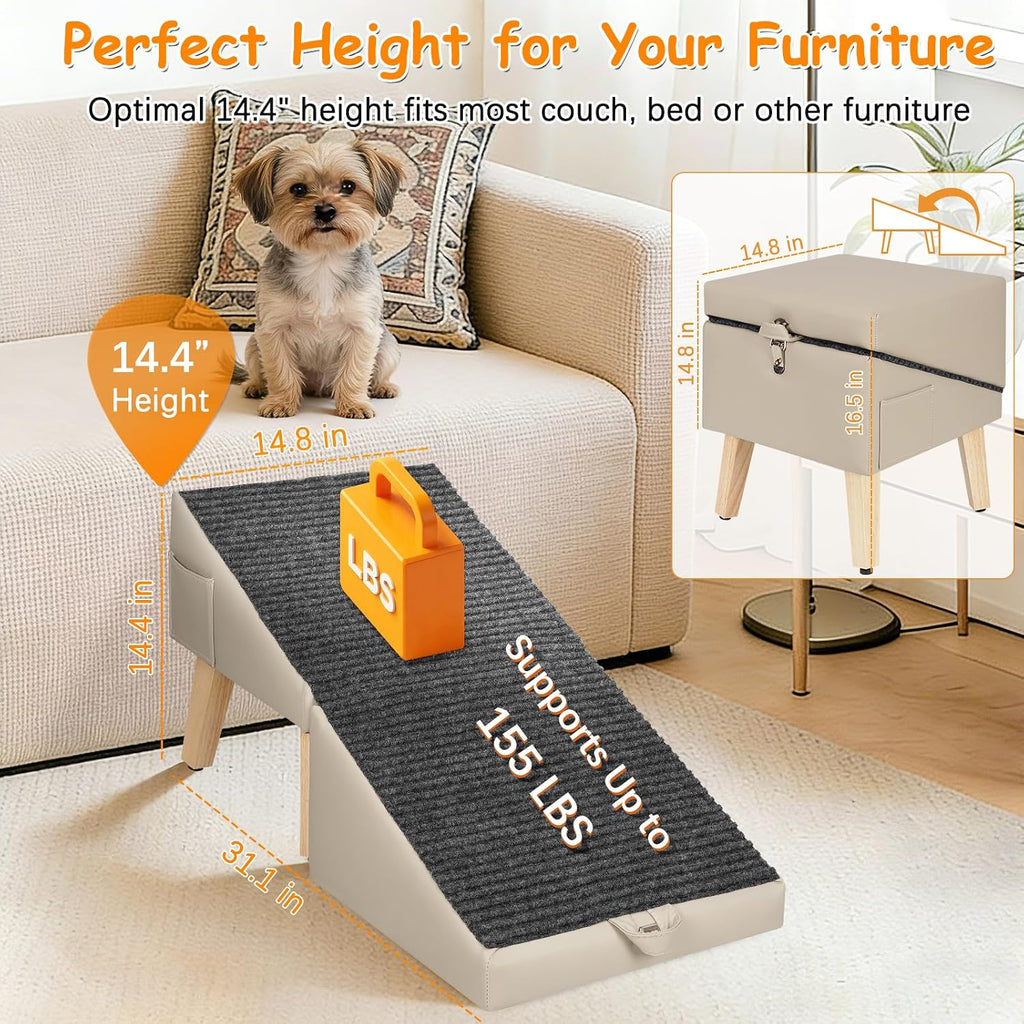 Ottoman Dog Ramp for Couch, 2-in-1 Foldable Dog Stairs for Small Dogs, Gray
