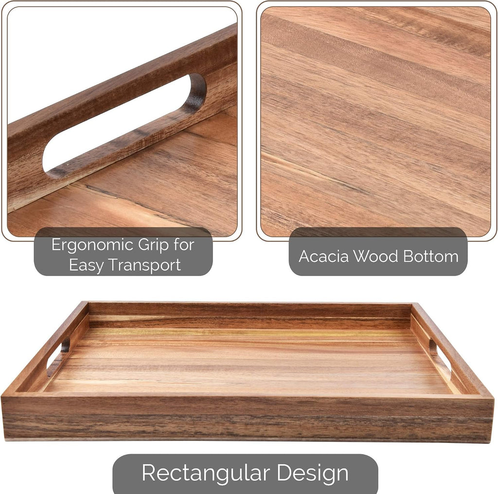 Acacia Wood Serving Tray with Handles (17 Inches) - Decorative Serving Trays Platter for Breakfast in Bed, Lunch