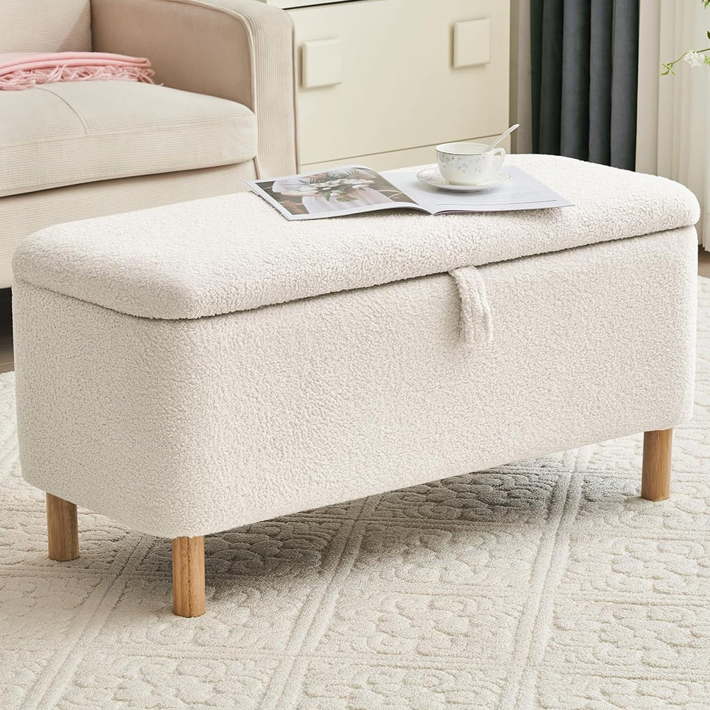 Boucle Storage Ottoman Bench end of Bed, Sherpa Upholstered Shoe Seat Storage Bench Bed Foot, Rectangle Cushion
