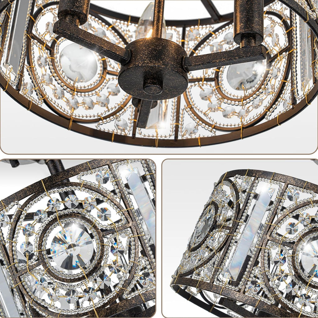 Vintage Crystal Drum Chandelier, 3-Lights Bronze Finish Retro Chandelier Lighting Fixtures, Semi Flush Mount Ceiling