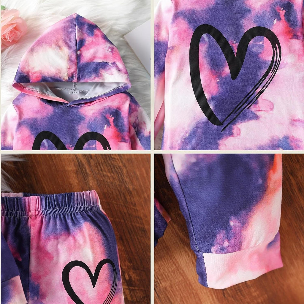 Toddler Baby Girls Clothes Long-sleeve Tie Dye Hoodie Pullover and Sweatpants Heart Print Hooded Outfits Set