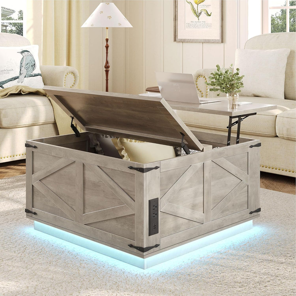 Farmhouse Lift Top Coffee Table, Square Wood Center Table with LED Lighting, USB-C Charging Station