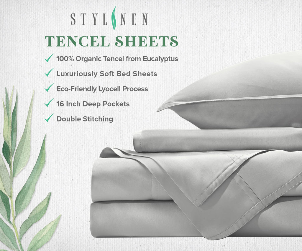 100% Organic Eucalyptus Bed Sheets Queen Size 4 Piece Set, Tencel Lyocell, Silky Soft & Smooth, Breathable, 16 Inch