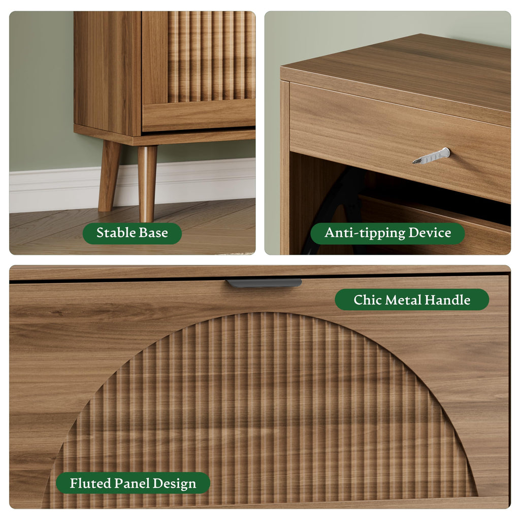 Shoe Storage Cabinet with 2 Flip Drawers, 36" Tall Narrow Wood Fluted Shoe Organizer, Freestanding Wooden Hidden