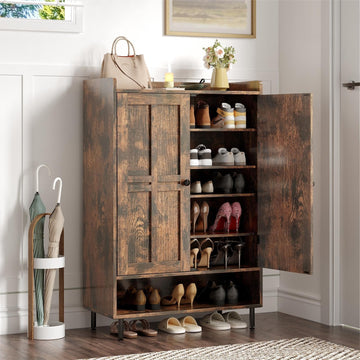 Shoe Cabinet with Cross Molding Doors, 6-Tier Storage(Rustic Brown)
