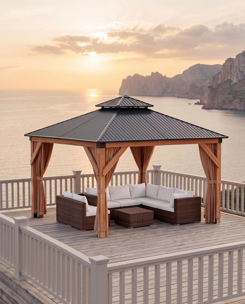 Hardtop Wood Gazebo 10 x 10 ft, with Double Metal Roof, Net, and Curtain, Permanent Building and Garden